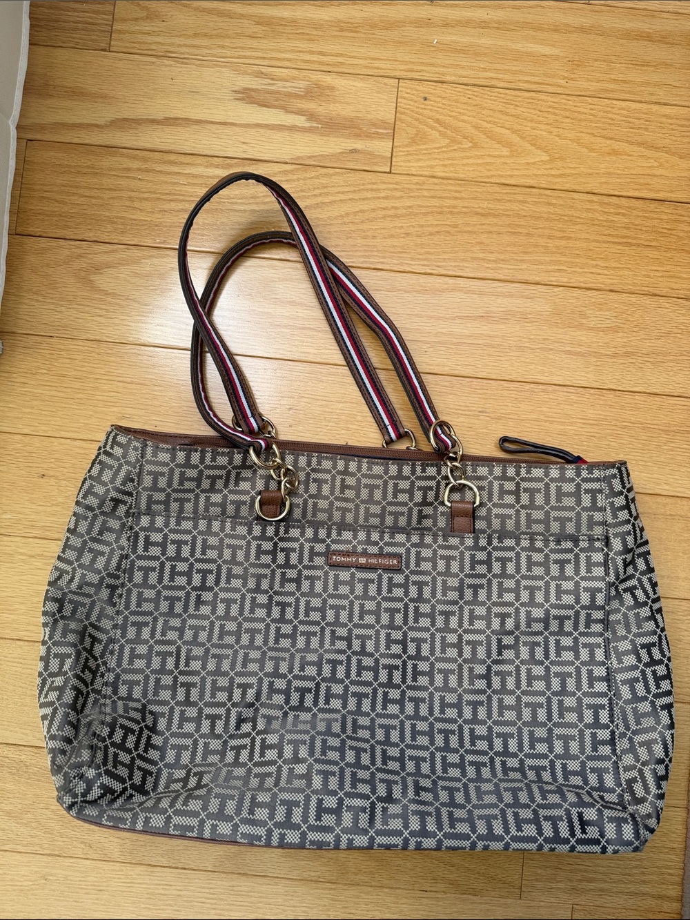 Tommy Hilfiger Navy and White Monogram Canvas Tote with Striped Handles